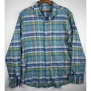 Tommy Bahama Linen Shirt Mens Size Large Blue Gree  Plaid Button‎ Up